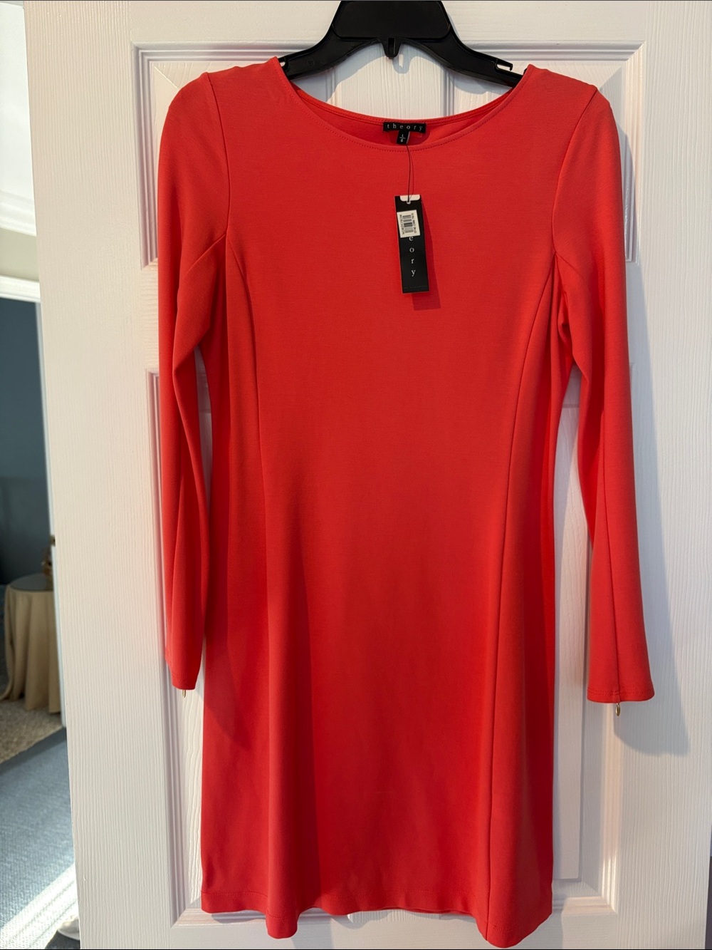 Theory Coral-Red Long Sleeve Scoop Neck Dress